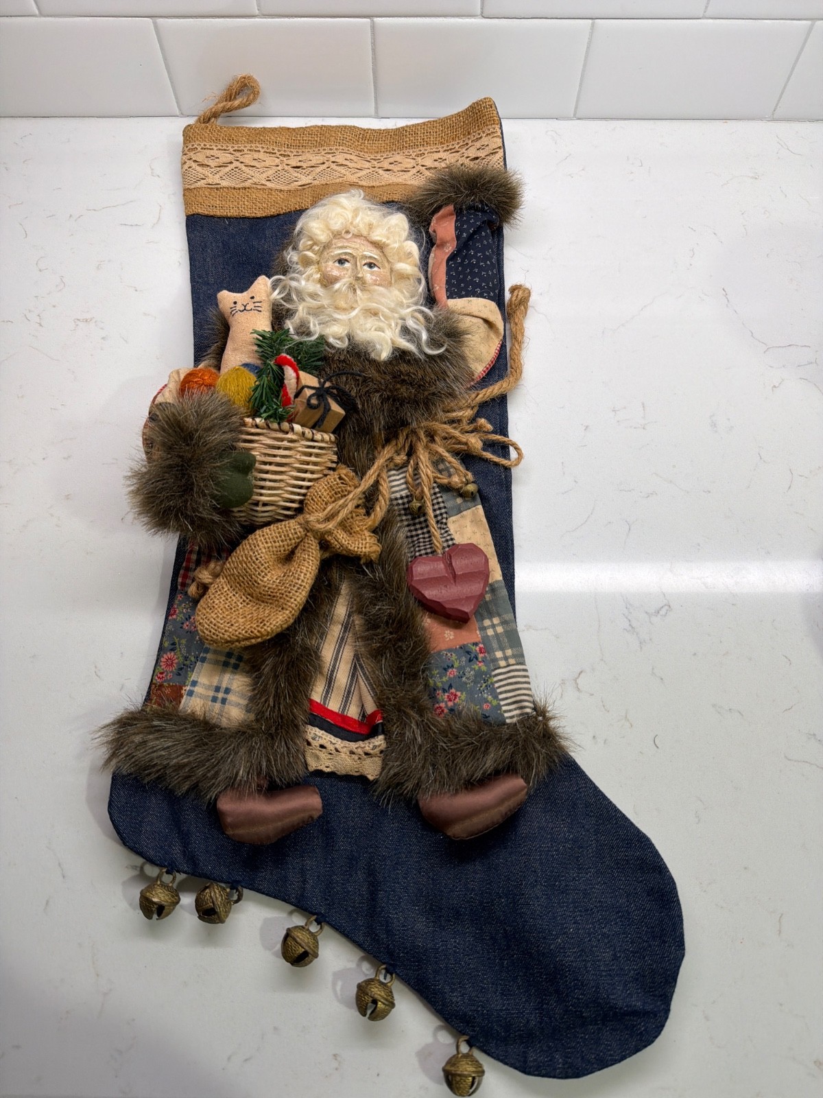 Vintage House of Hatten 3D Santa Denim Patchwork Christmas Stocking Folk Art