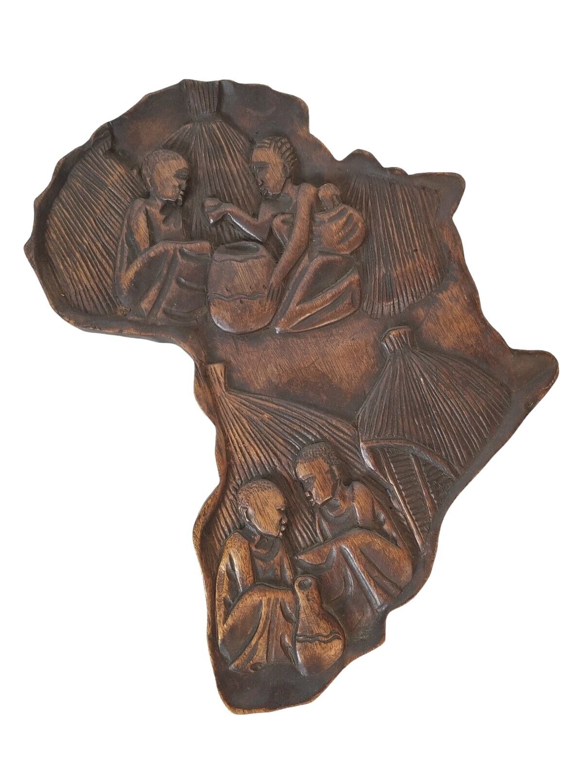 Vintage Hand Carved Wood African continent Ethnic Plaque Art Made in Rwanda