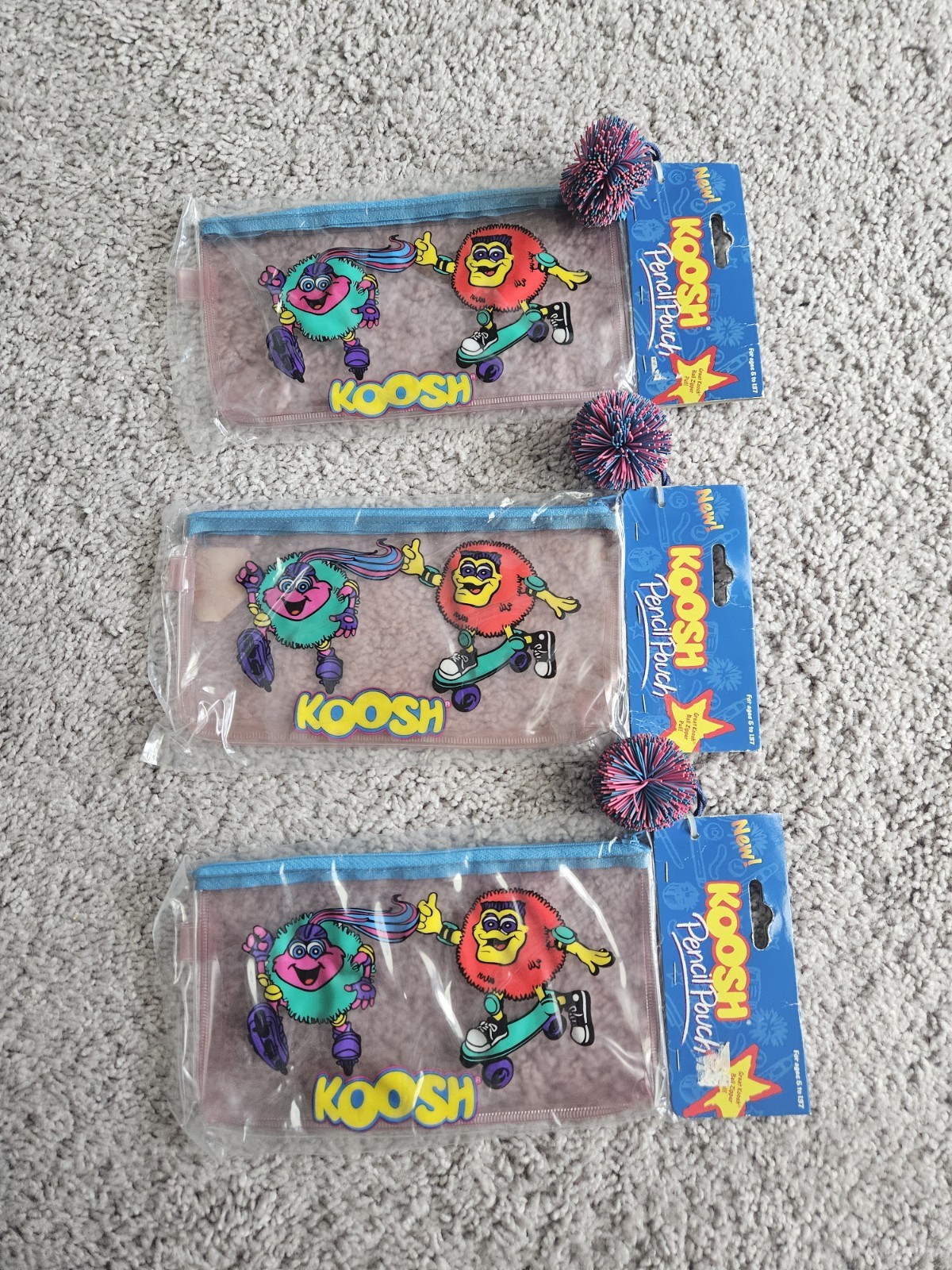 Lot of 3 Vintage 1997 Koosh Pencil Pouches New Sealed NOS Zipper Case Ball