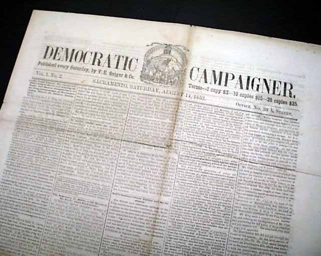 Rare FRANKLIN PIERCE California Presidential CAMPAIGN Short Lived 1852 Newspaper