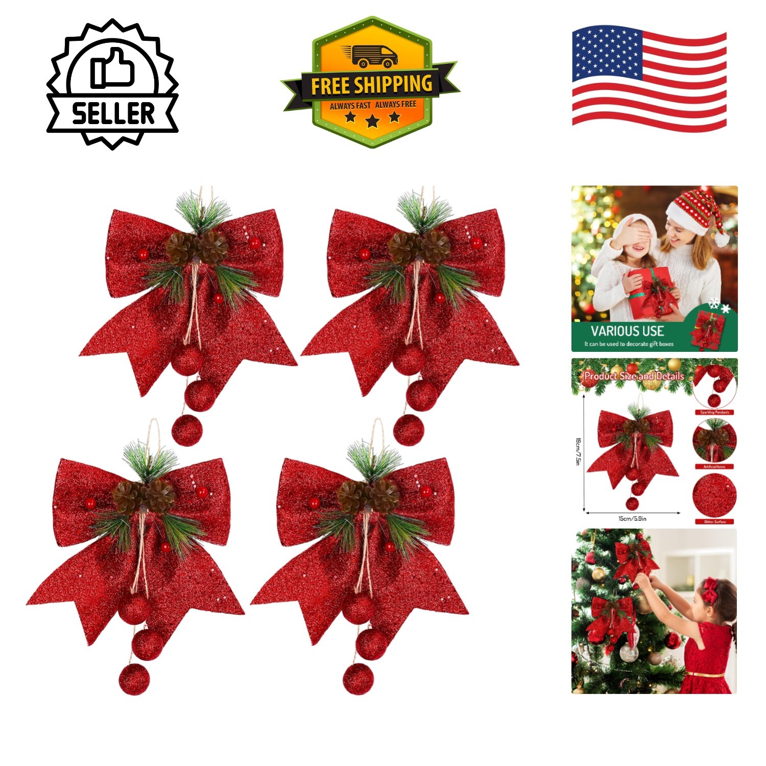 Elegant 4-Pack Christmas Bows with Pine Cone & Berry, Perfect for Holiday Decor Elegant 4-Pack Christmas Bows with Pine Cone & Berry, Perfect for Holiday Decor