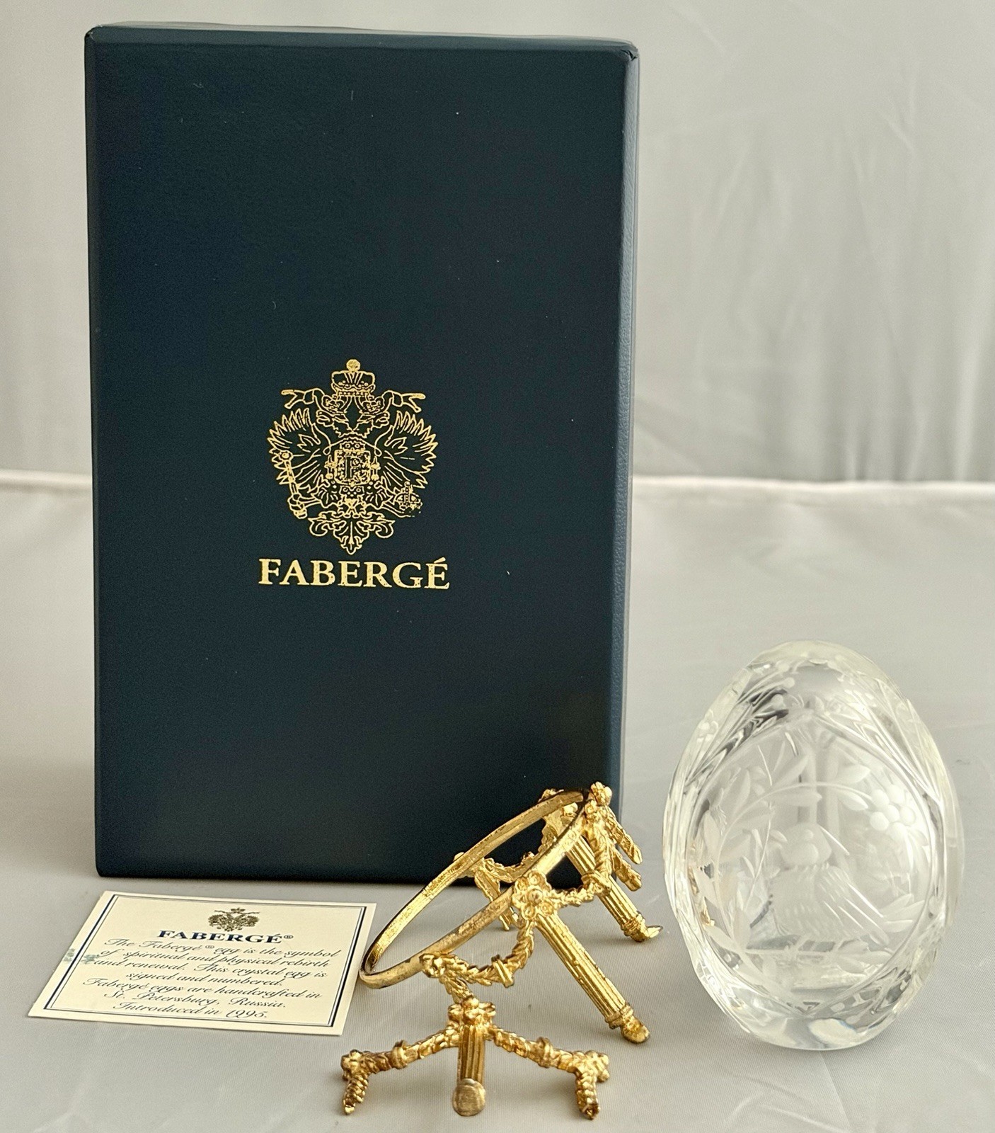 RARE FABERGE CLEAR ETCHED FLOWERS RUSSIAN BIRD CRYSTAL EGG STAND 925 #0340 MIB