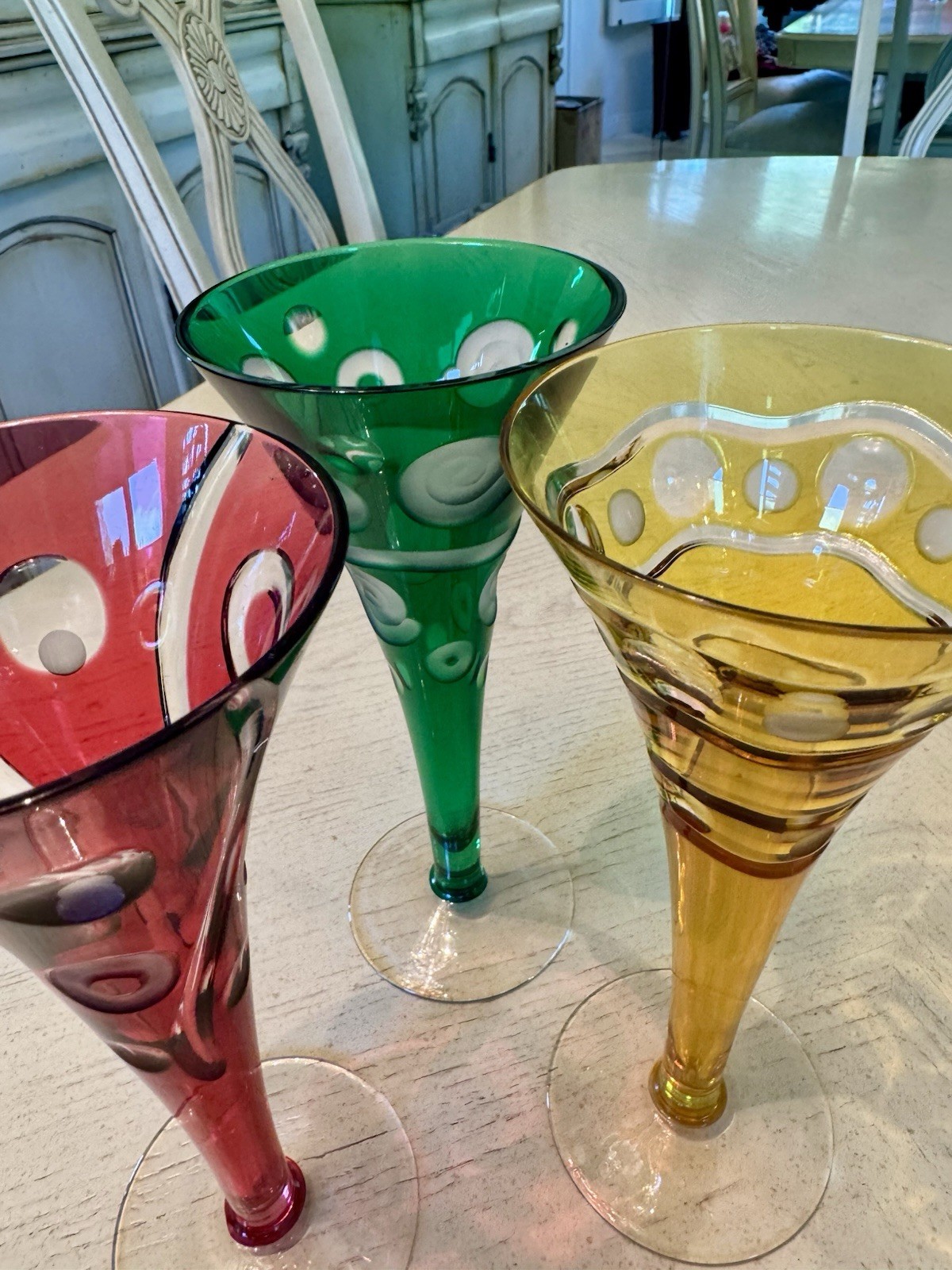 Vtg  Hand Blown Art Glass Trumpet Goblets /Bud Vases (3) Red Green Amber Murano