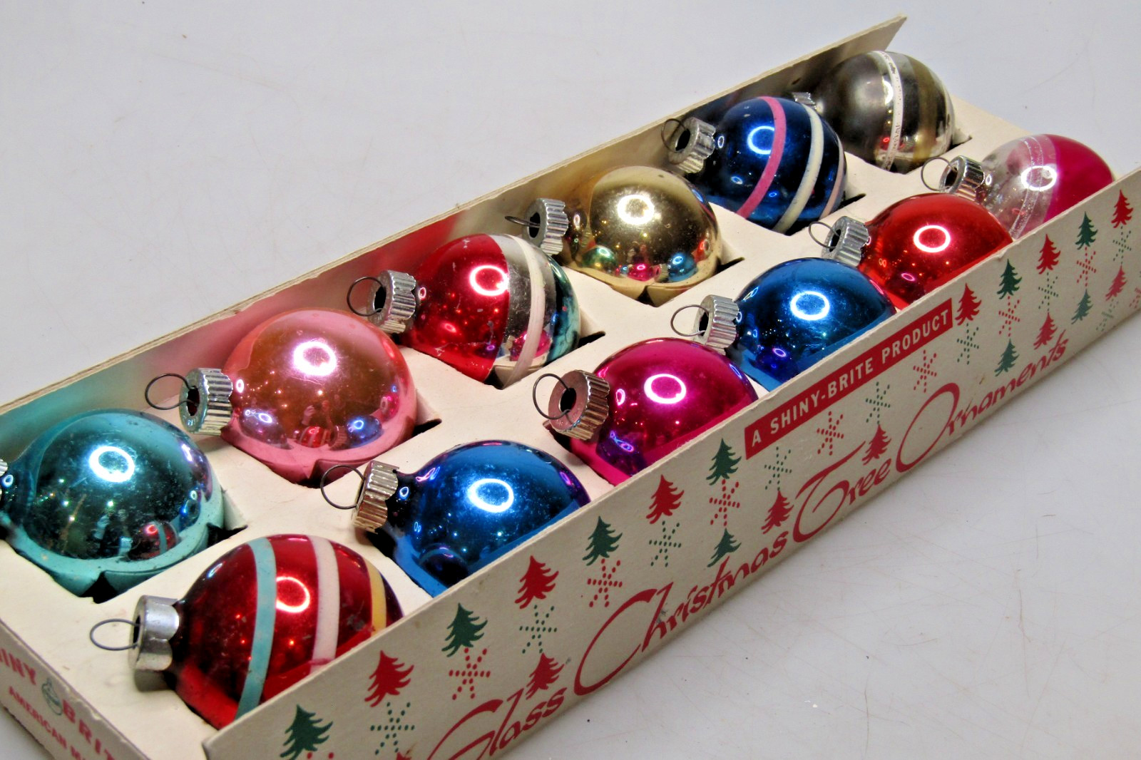 Lot Vintage 50's Glass Striped Small BALL Christmas Ornament Shiny Brite Display
