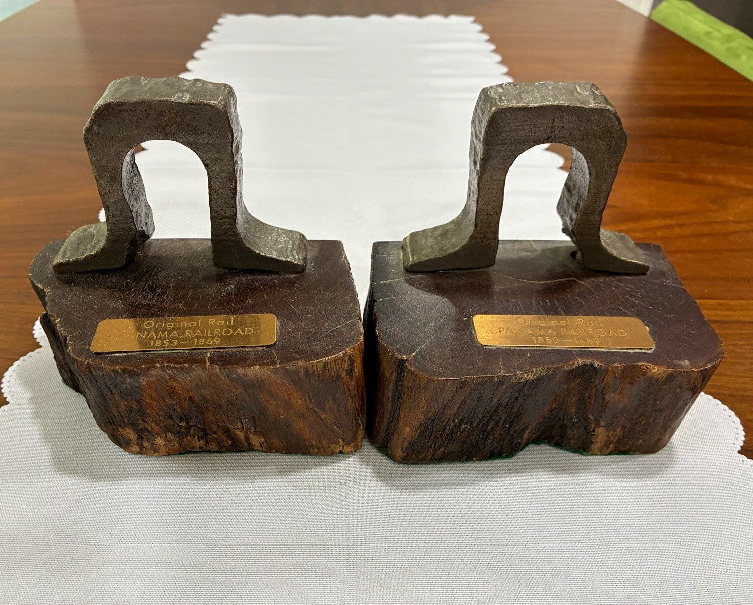 Vintage Original Panama Railroad Wood & Metal Bookends Pair w/ Felt Bottom