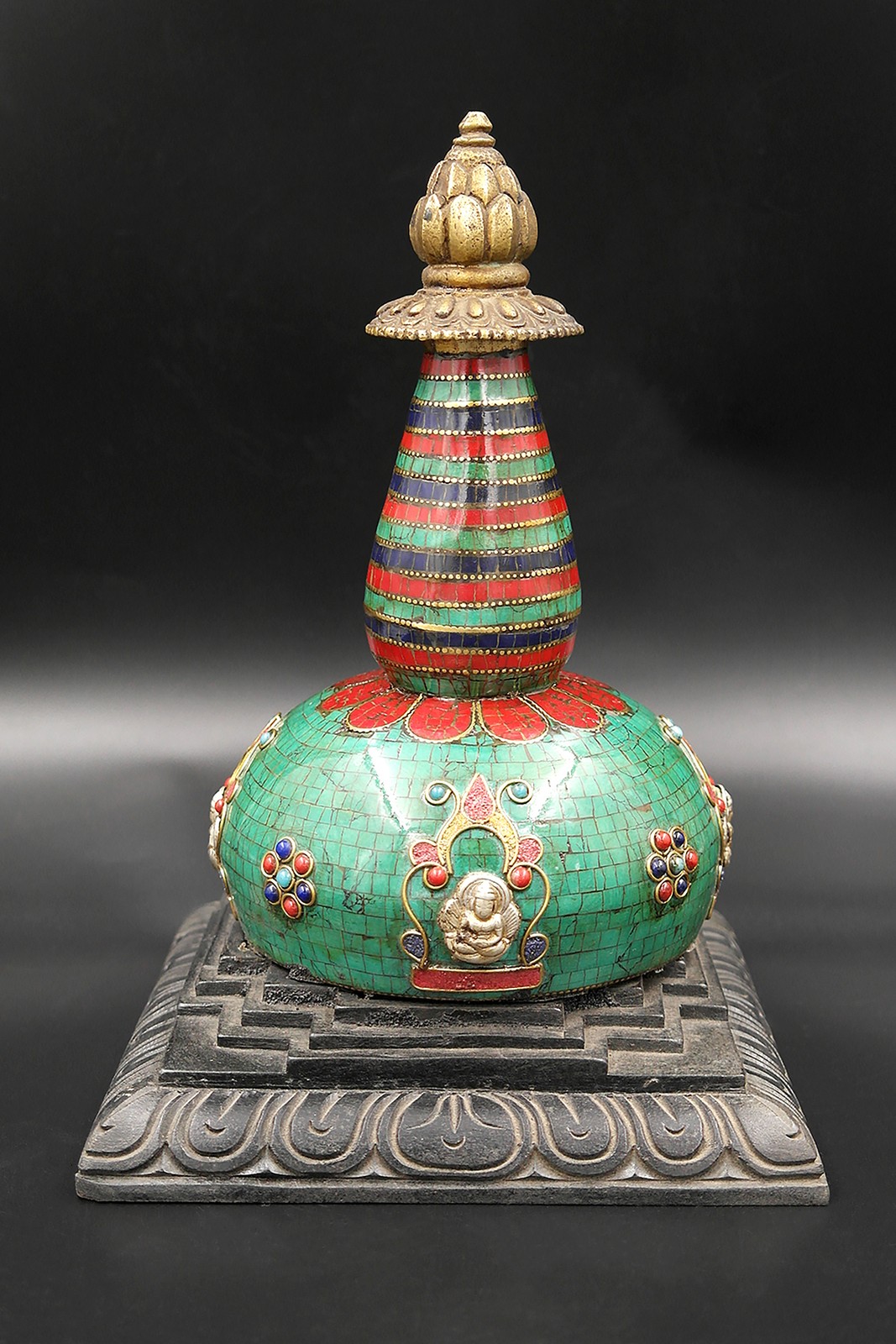 Buddhist Handmade Stupa with Gemstones and wooden base