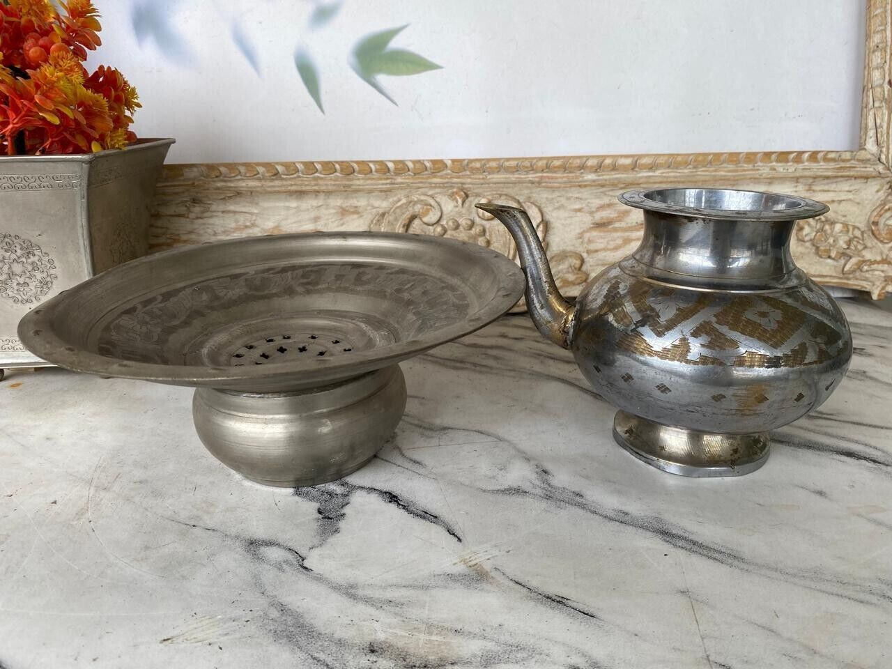 Oriental decor hand wash vintage item from Morocco antique silver colored