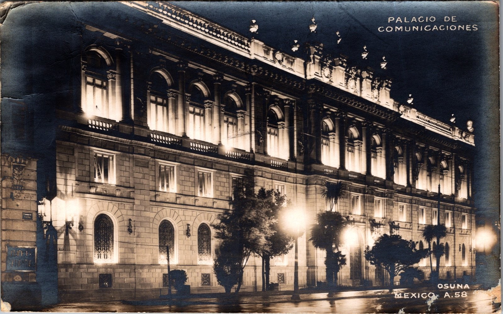 1937 Mexico City Palacio de Comunicaciones Night Scene Postcard