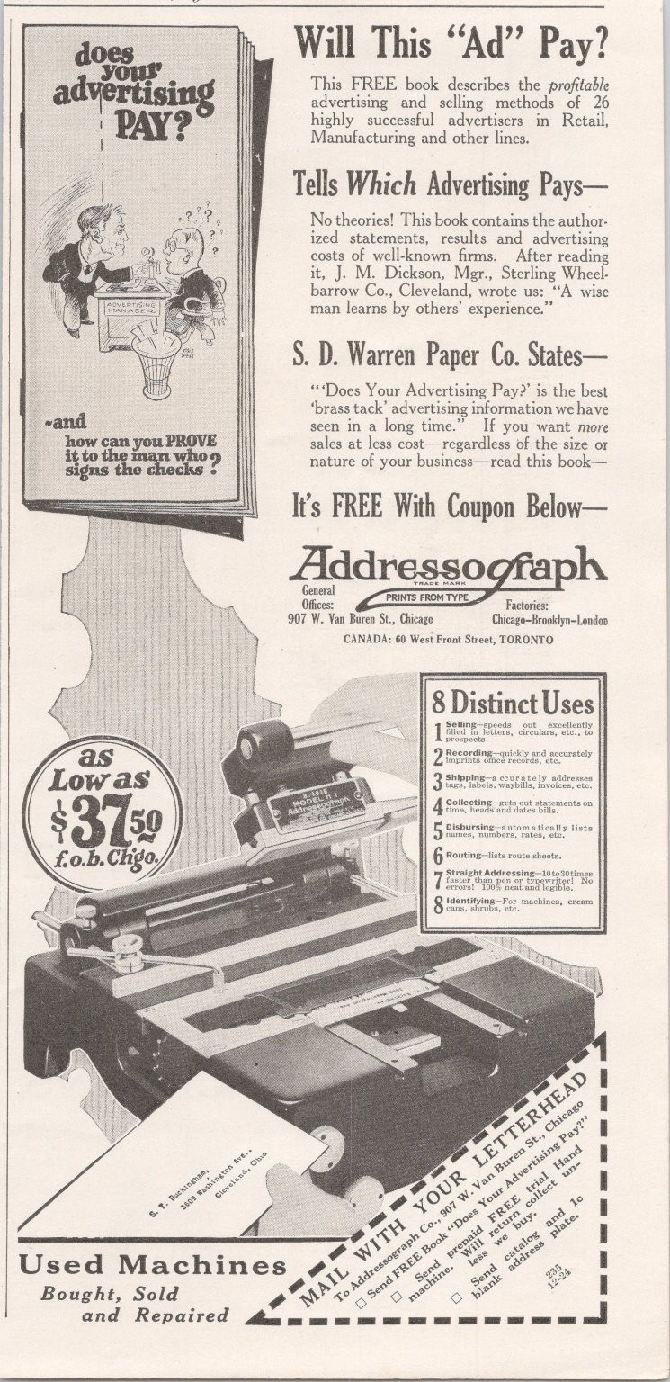 Addressograph Antique 1924 Magazine Ad B&W Office Business Equipment Print