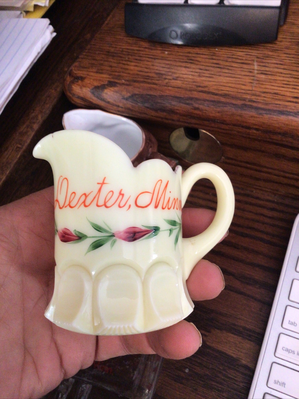 3.25” CUSTARD GLASS PITCHER DEXTER MN MOWER COUNTY . AUSTIN . MINNESOTA 1910’s 