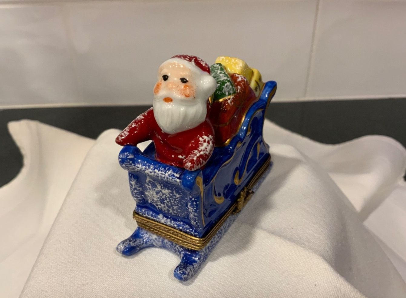 Limoges France Peint Main Santa Claus in Rare Blue Sleigh Trinket Box Limoges France Peint Main Santa Claus in Rare Blue Sleigh Trinket Box