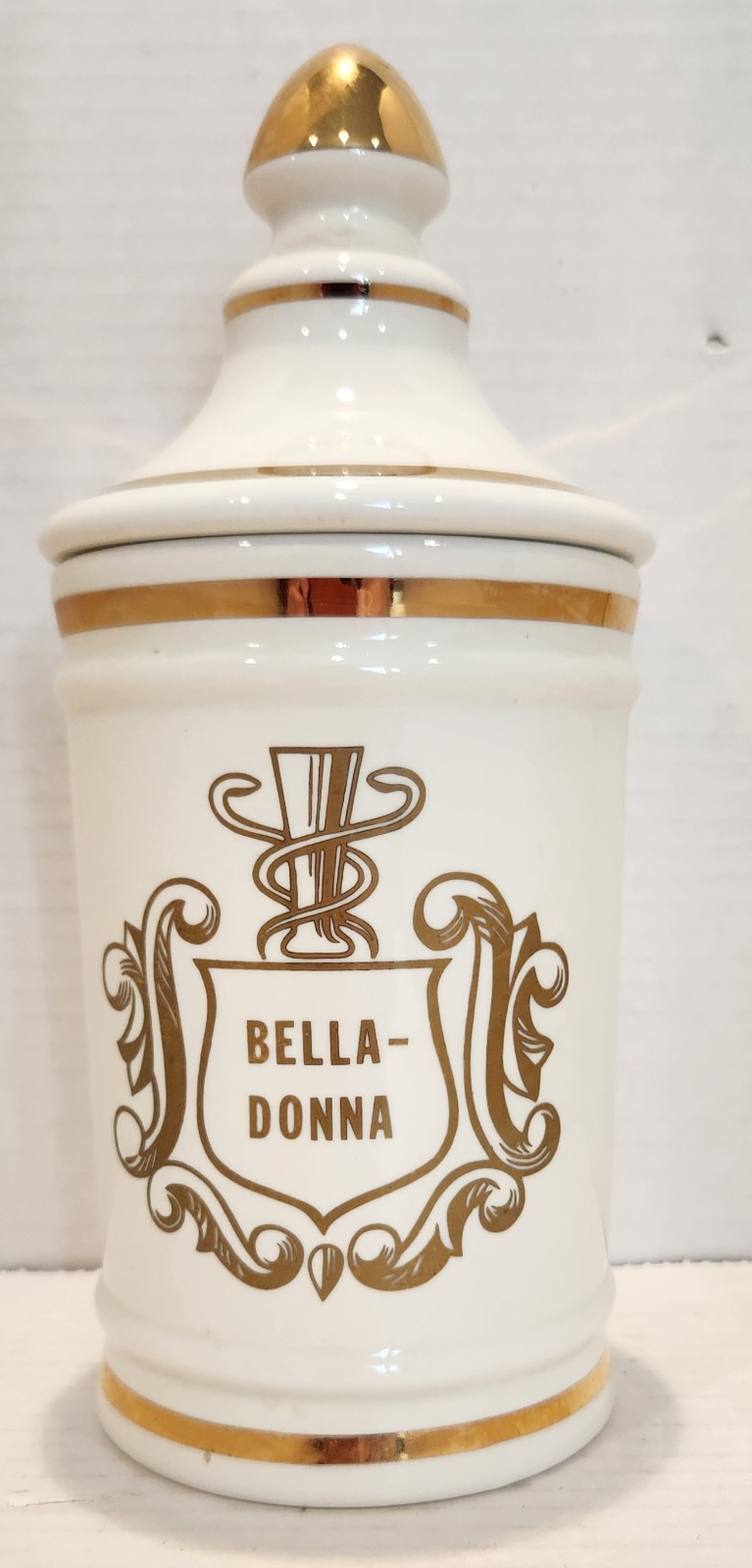 Vintage Pharmacy Apothecary Ceramic Canister Jar Lid Owens IL BellaDonna Gold
