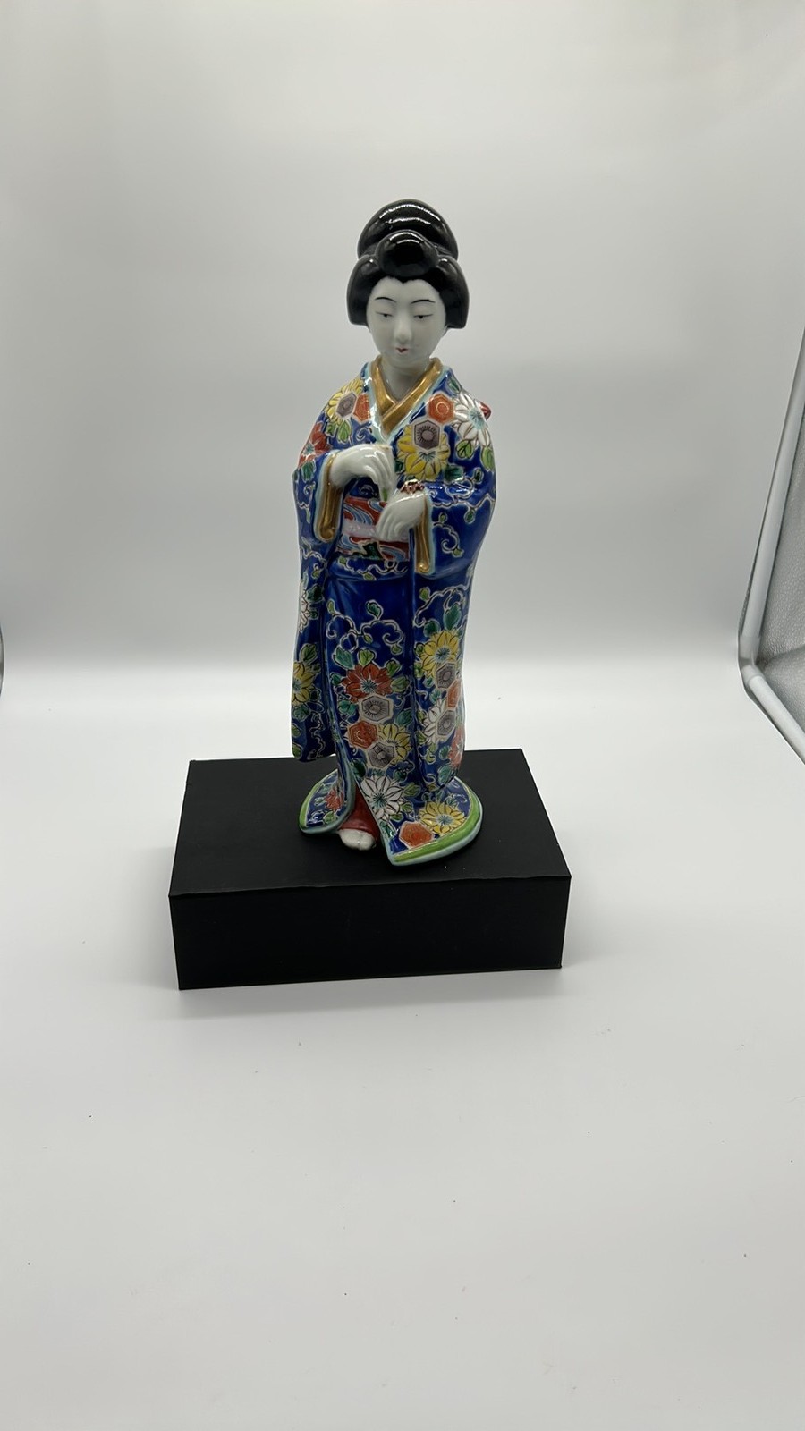 Vintage Japanese Kutani Porcelain Geisha Figurine in Cobalt Kimono