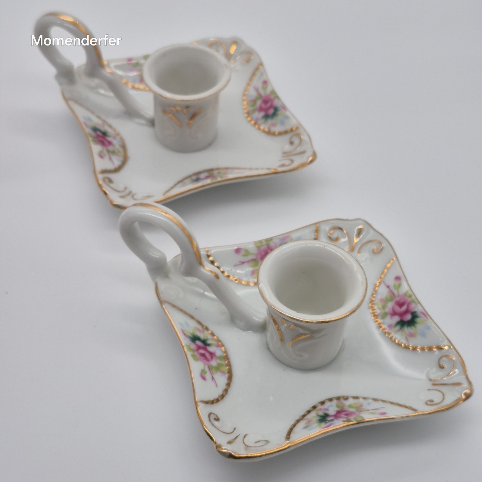 Vintage Porcelain Chamberstick Candle Holder Pair Pink Rose Gold Finger Loop