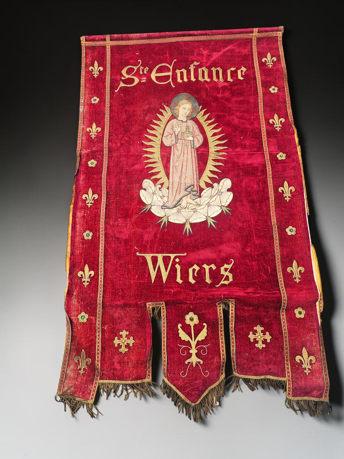 Antique Catholic Procession Banner Infant Jesus Ste Enfance Fleur de Lis Velvet