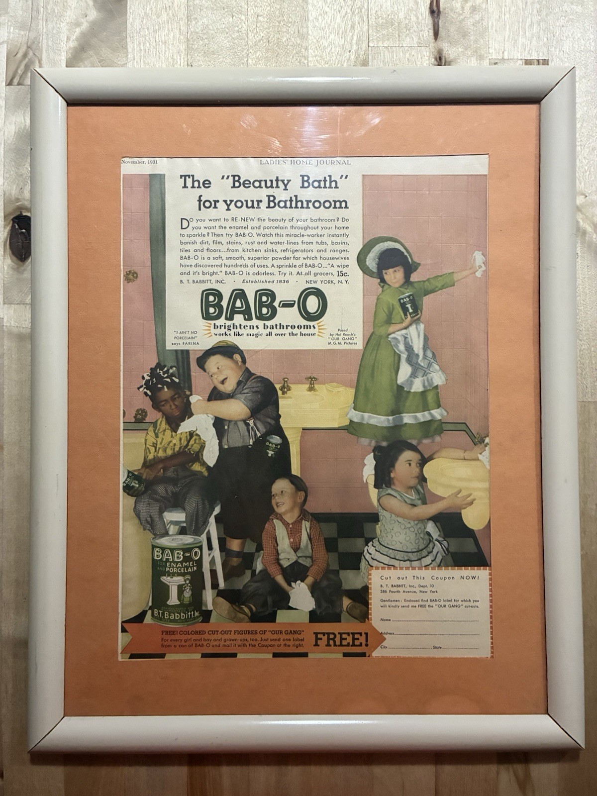 1931 OUR GANG LITTLE RASCAL BAB-O ENAMEL PORCELAIN CLEAN “Beauty Bath” FRAMED