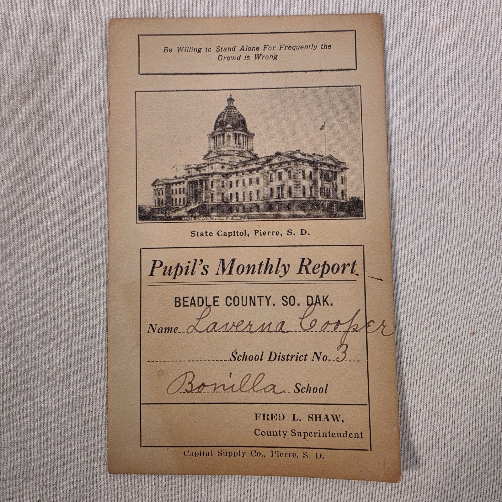 Vintage 1910s Beadle County SD Pupil Monthly Report Card Bonilla School Pierre