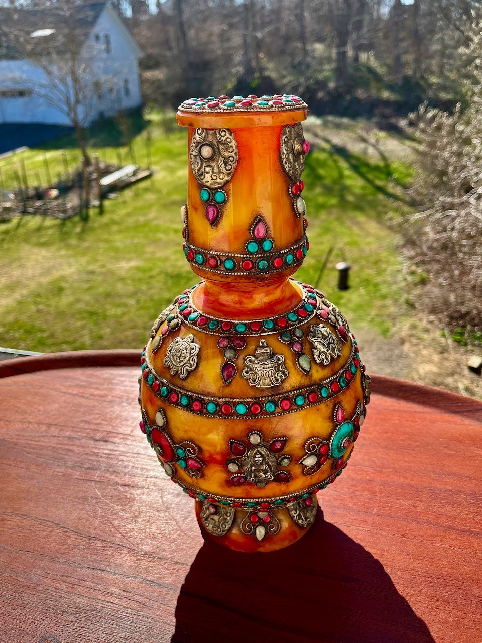 Tibet Beeswax Vase Semi Precious Stones Buddist Temple Ceremonial Vase China Tibet Beeswax Vase Semi Precious Stones Buddist Temple Ceremonial Vase China