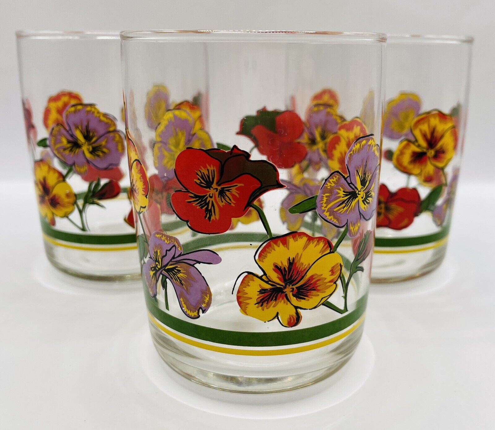 Set Of 3 Vintage Libbey Juice Glasses Pansies Floral 