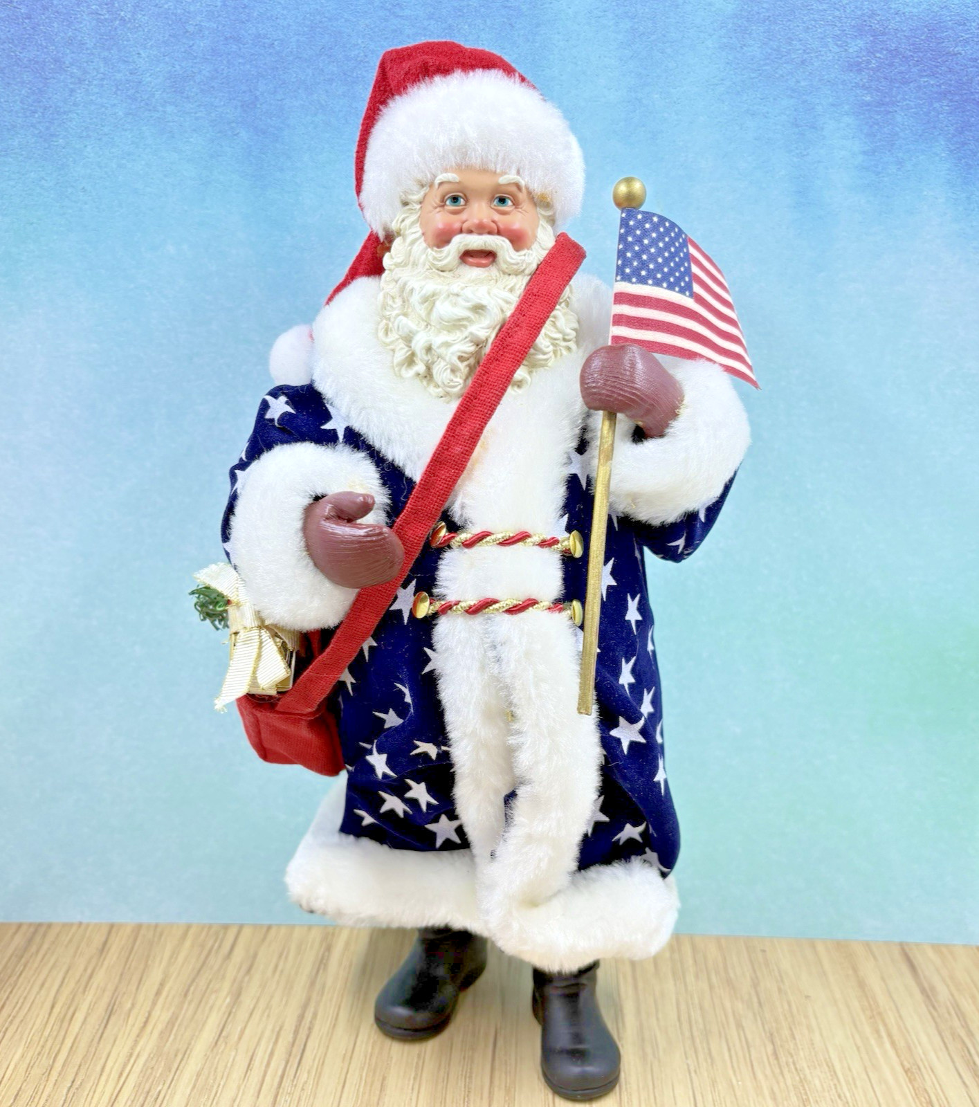 Patriotic Santa Figurine With American Flag And Bag Of Gifts 11.5\