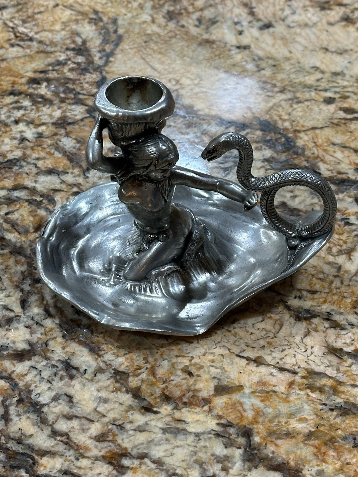 Vintage Italian Art Nouveau Silvery Pewter Candlestick Snake Charmer