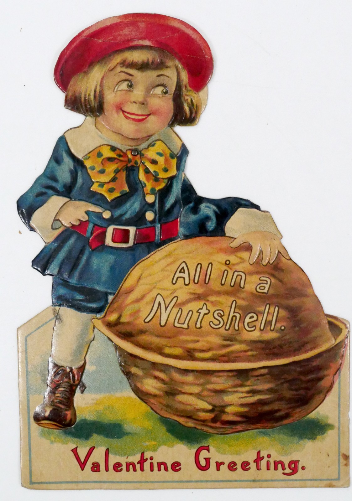 Antique c1910 Mechanical Valentine Girl Nutshell Opens I Love You Die Cut Card