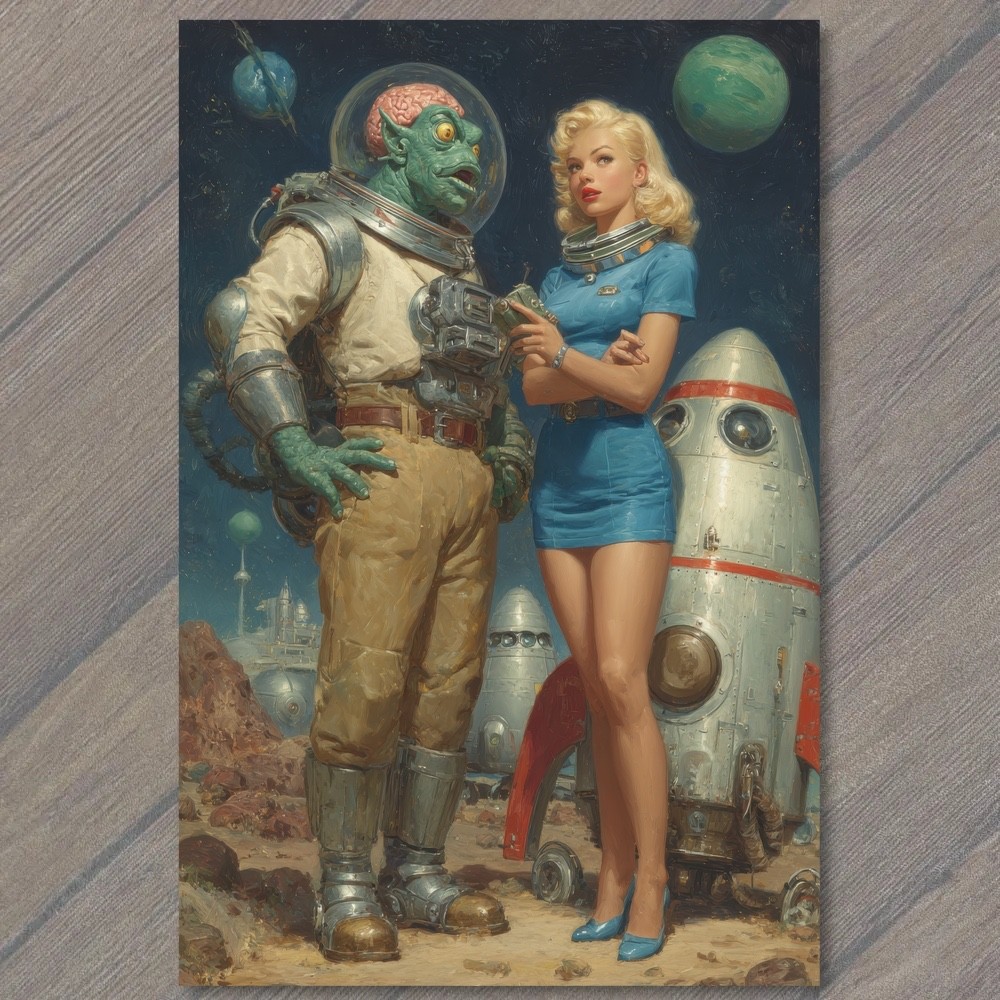 POSTCARD Retro Sci Fi Alien Astronaut Pinup Space Girl Rocket Ship Planets