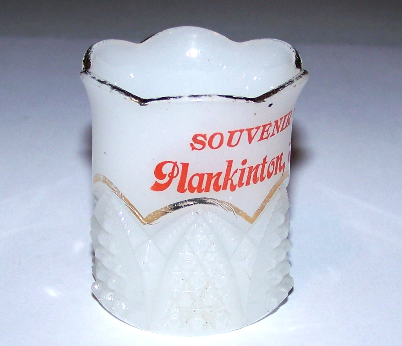 Antique White Glass Toothpick Holder Souvenir - Plankinton, SD