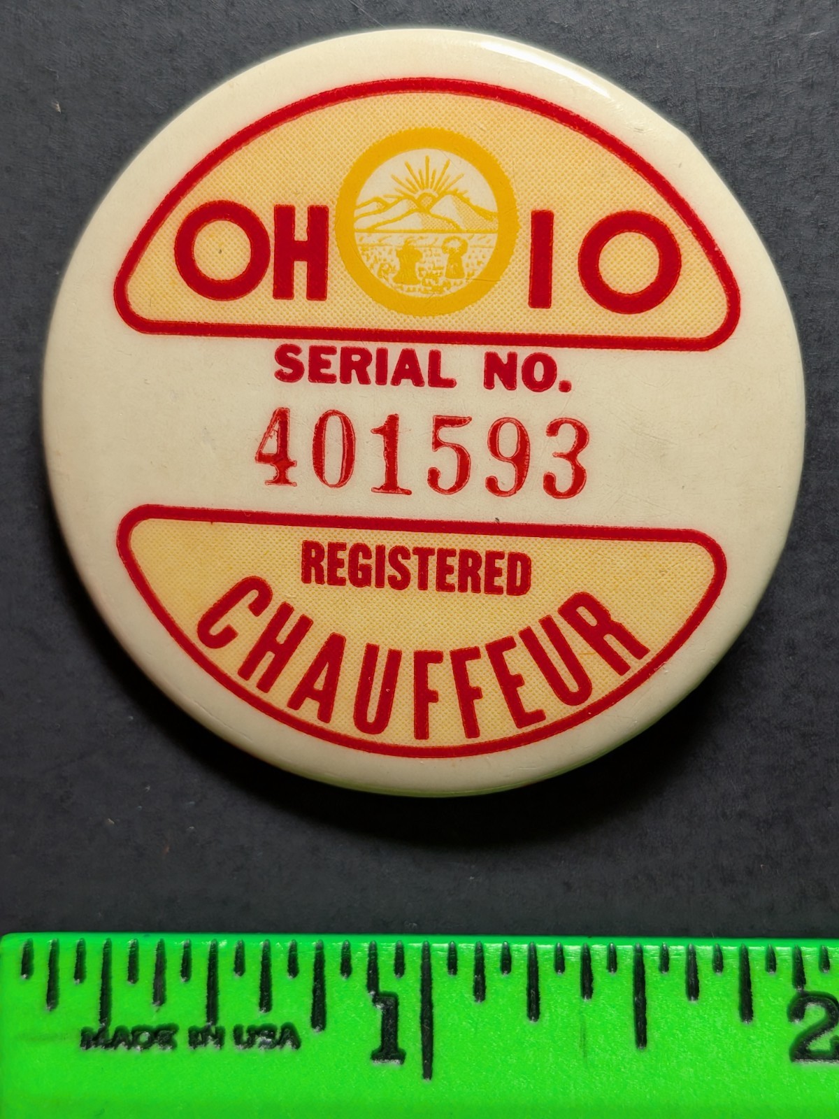 Vintage Ohio Chauffer Pinback Pin Vintage Ohio Chauffer Pinback Pin
