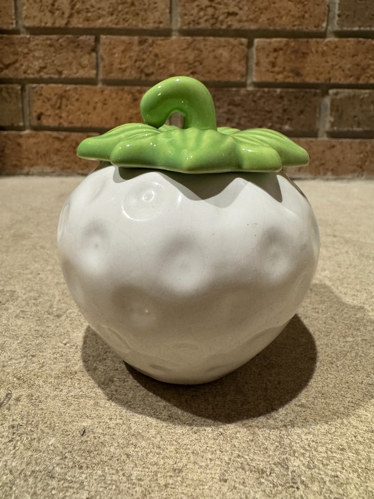 Vintage Martan Pottery Portugal White Ceramic Strawberry Sugar Jar, Green Stem