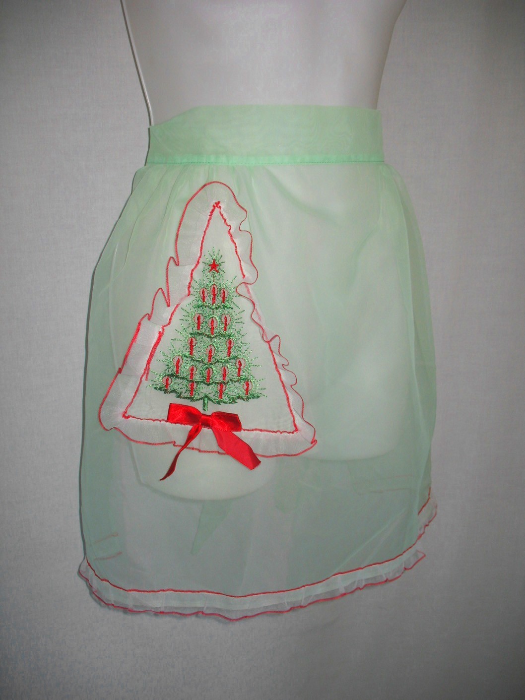 Vintage Mid-Century Sheer Christmas Apron Embroidered by Beco-Helman