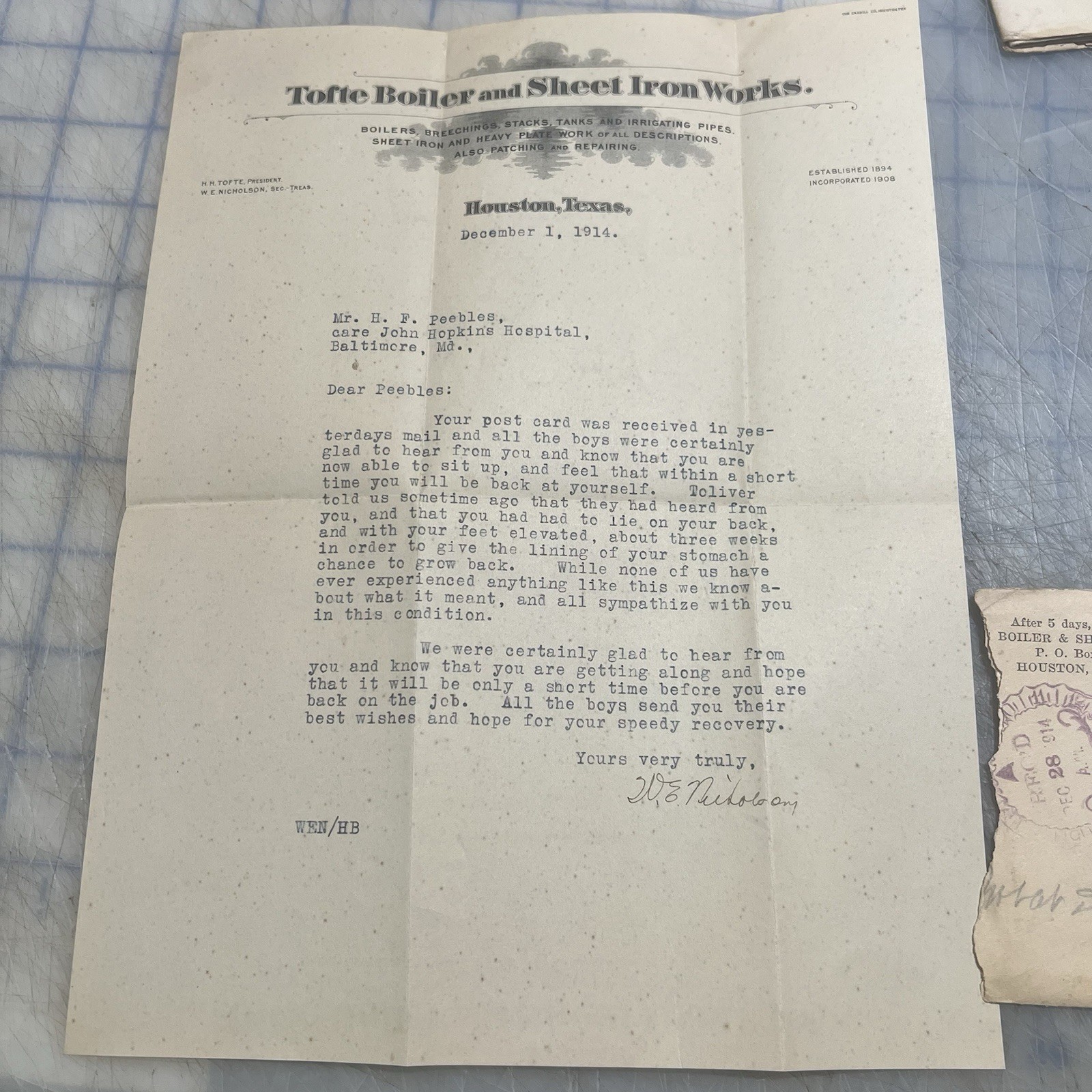 1914 Houston Texas Letter Tofte Boiler & Sheet Iron Works John Hopkins Hospital