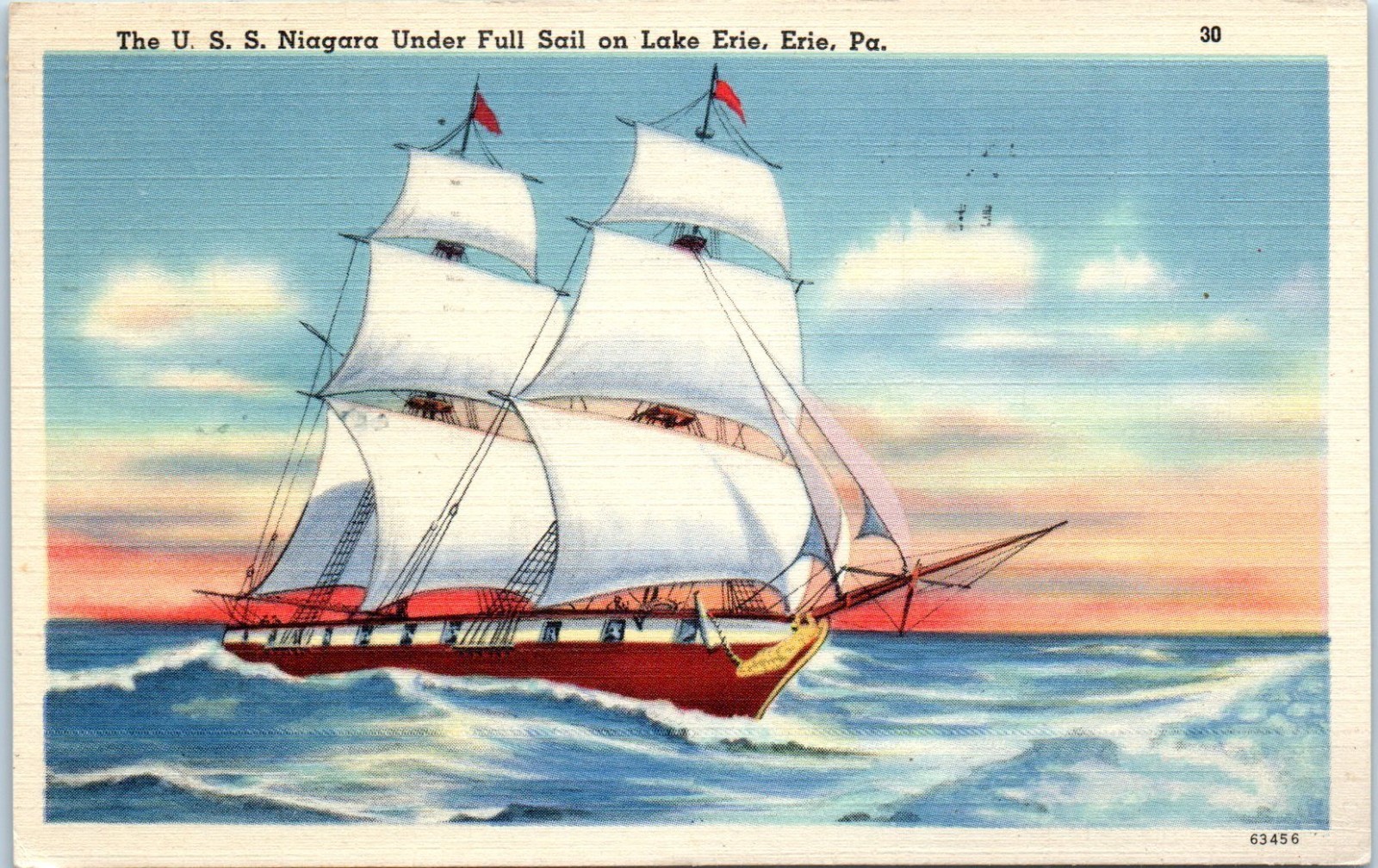 U.S.S. Niagara Under Full Sail on Lake Erie, Erie, Pennsylvania Postcard c1947