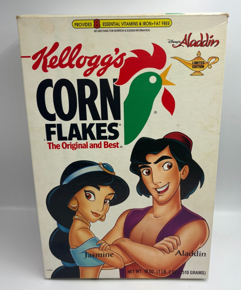 1995 Vintage Kellogg’s® *VIDEO* Aladdin® Jasmine Corn Flakes Empty Cereal Box