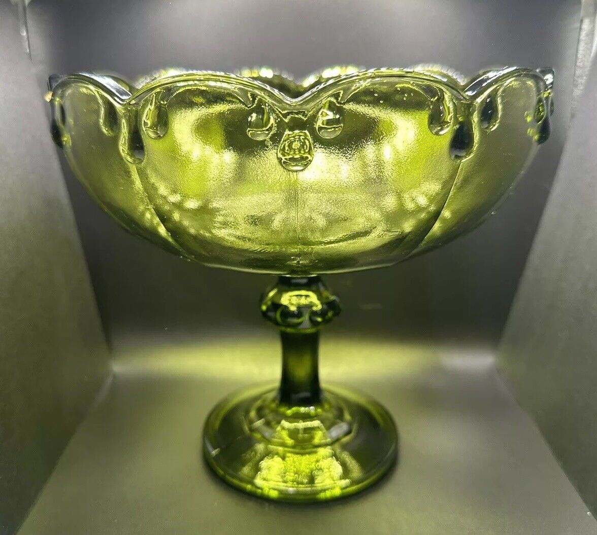 Vintage Indiana Glass Scalloped Green Tear/Rain Drop Garland Pedestal Compote LG