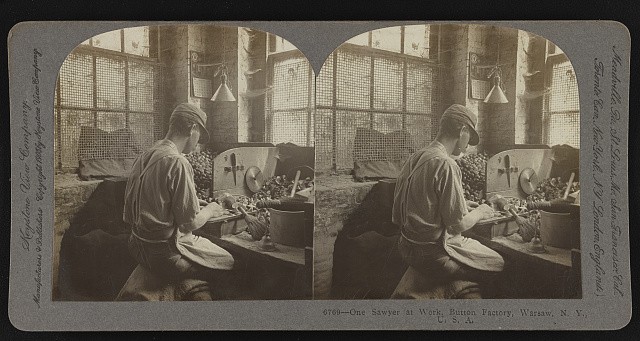 Photo:Warsaw NY 1905 Button Factory Sawyer at Work Stereoview