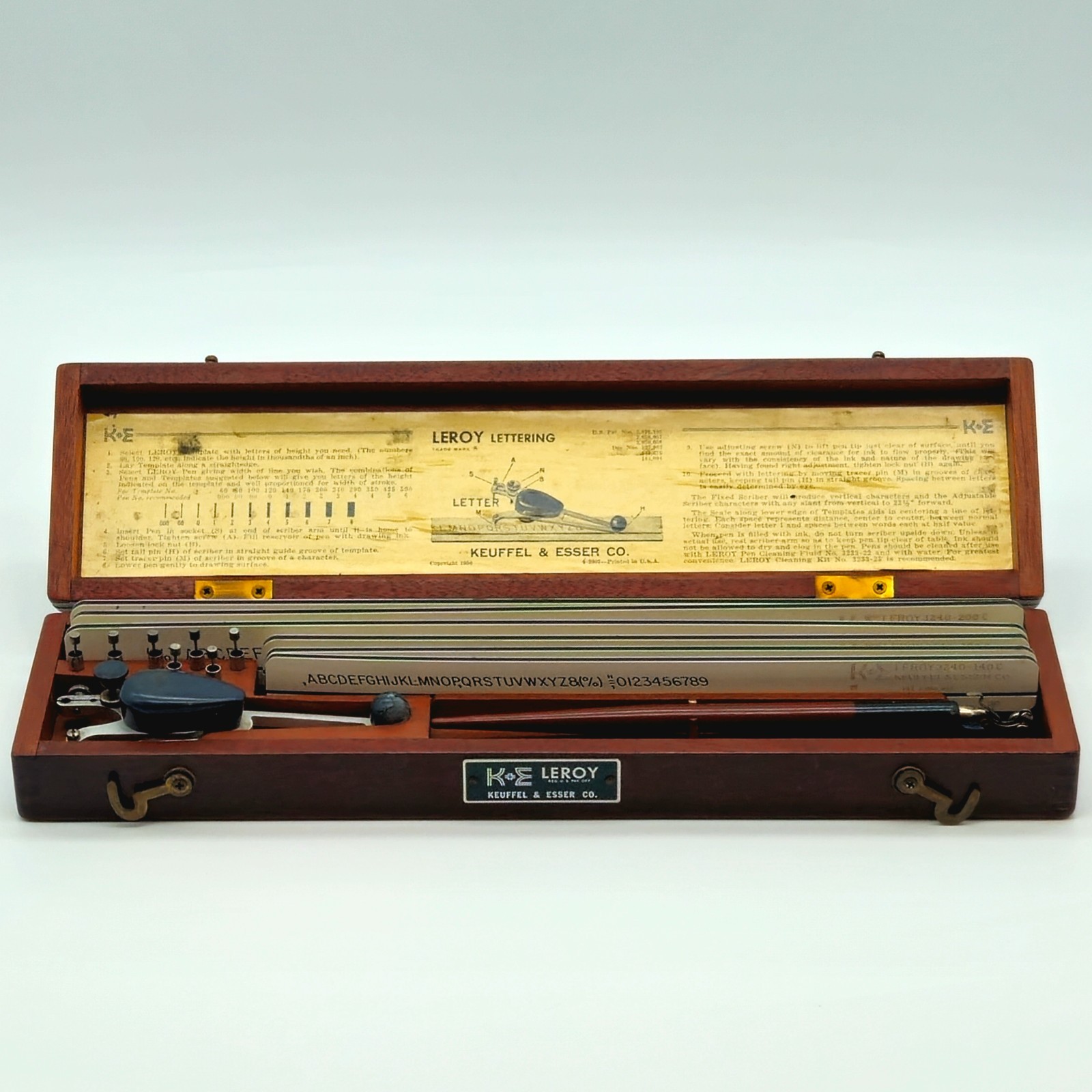 Vintage K&E Keuffel Esser Leroy Lettering Set 6 Templates 7 Pens Scriber Case