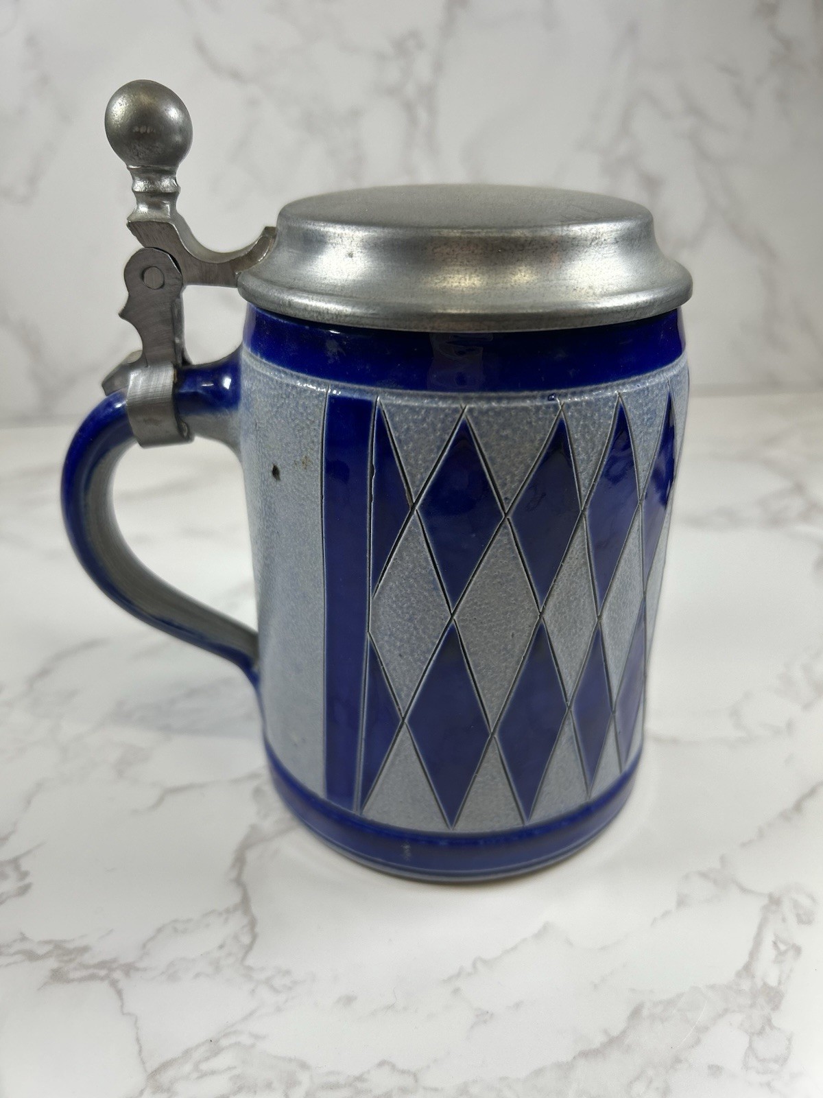 Vintage Handarbeit Salzglasur Blue Checkered Pattern Beer Stein ~ Germany