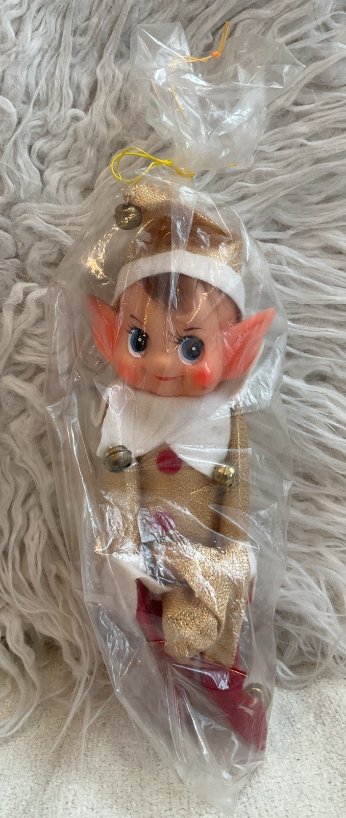 VTG Japan Gold Lame Metallic Knee Hugger Elves 1960's Christmas Plastic Faces