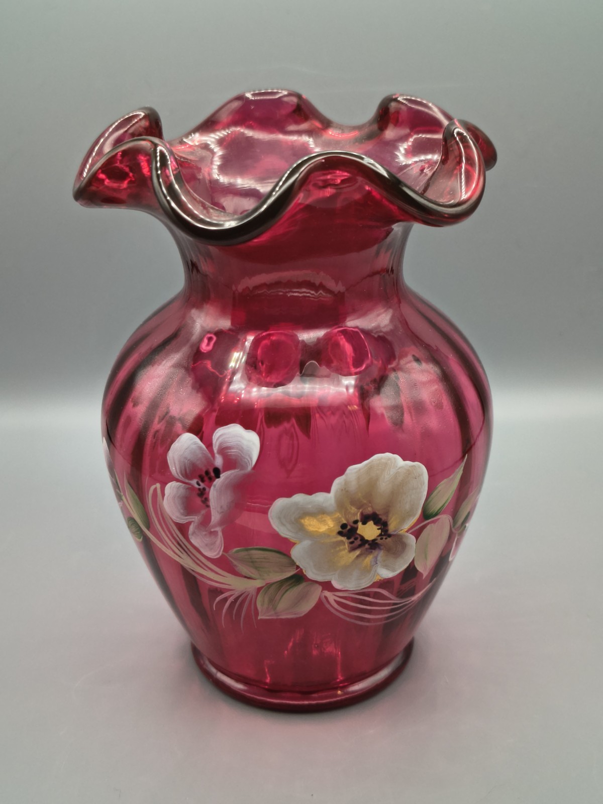 Fenton Cranberry HP Vase - M Caplinger