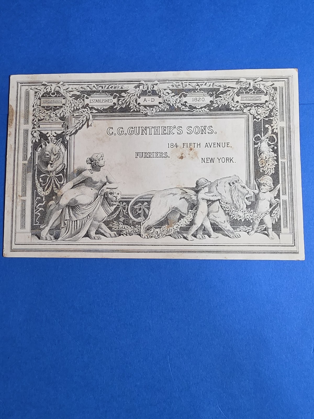 Antique C.G. Gunther\'s Sons Furriers Trade Card 184 Fifth Avenue New York c.1890