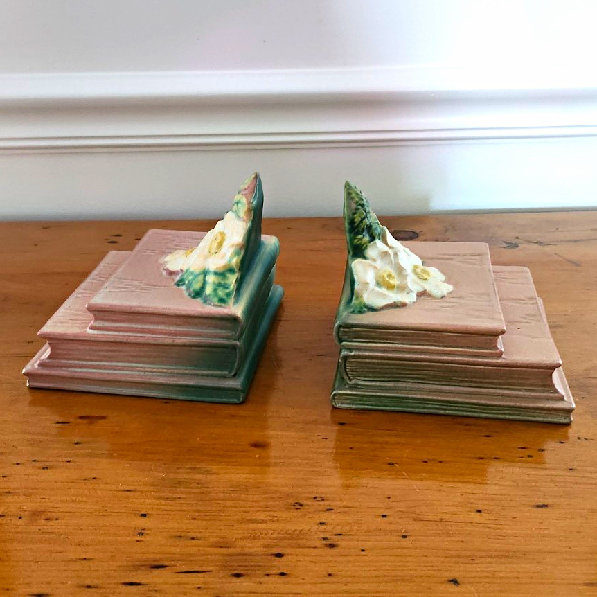Vintage Roseville Pottery/Ceramic White Rose Bookends Pair #7 1940\'s