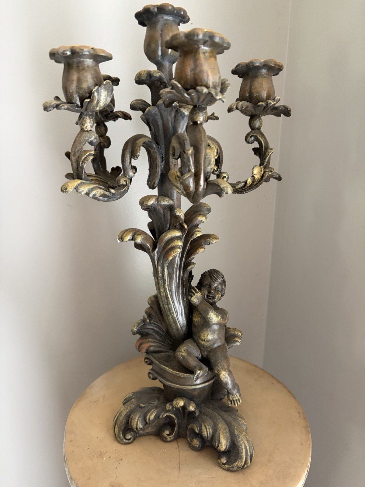 Vintage Ornate 5 Arm Candelabra Gold Tone Baroque Victorian Candle Holder