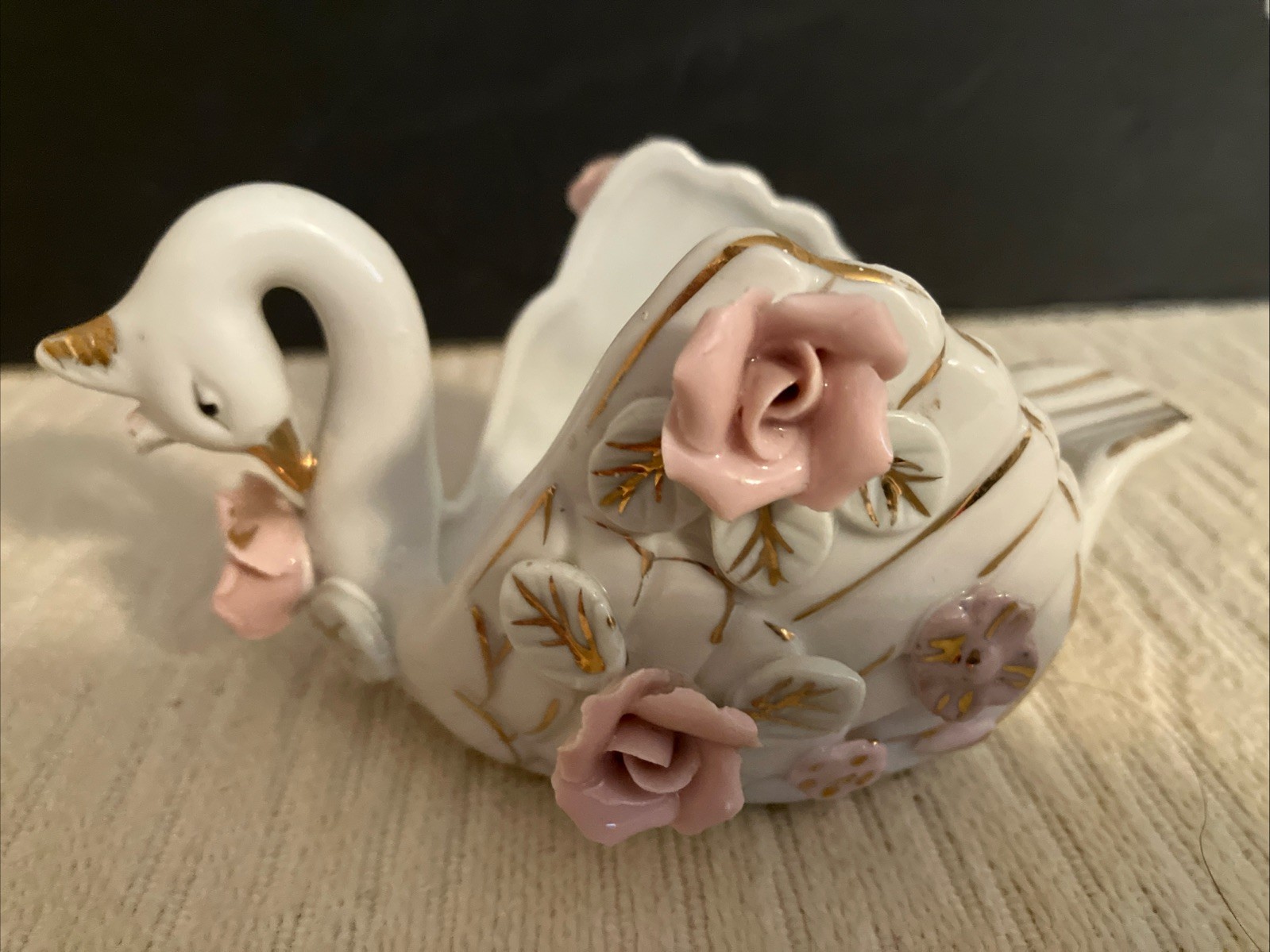 Vintage Porcelain Swan Applied Floral Ashtray Trinket Dish Gold Trim - Wales