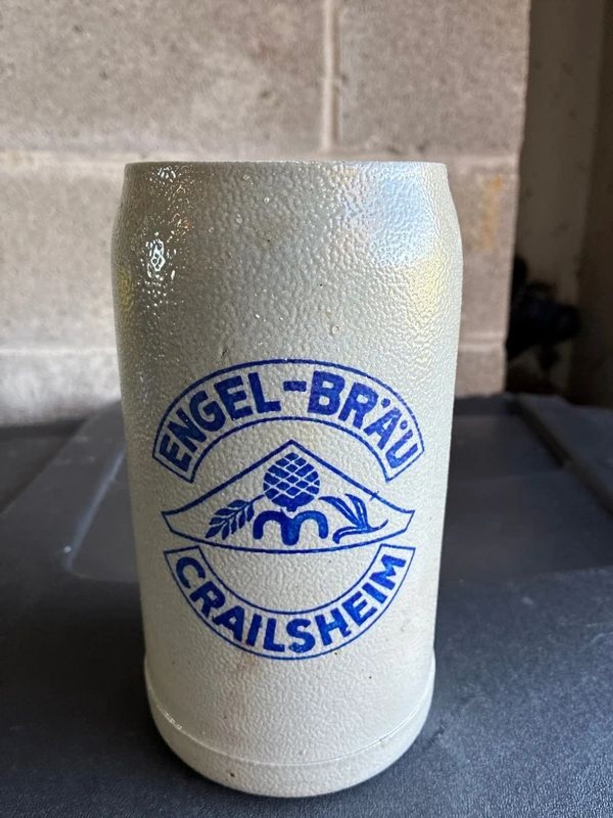 VTG 60s German Stoneware Beer Stein Mug 1L Engel - Brau Crailsheim Glazed Unused