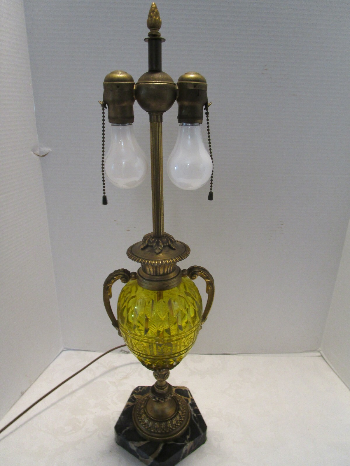 Antique Brass & Uranium/Vaseline Glass Table Lamp cut-etch ewer 1900s 26
