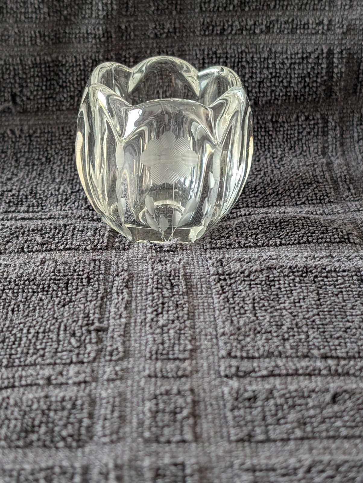 Vintage Etched Crystal Lotus Flower Shaped Votive Candle Holder Scalloped Rim 2\