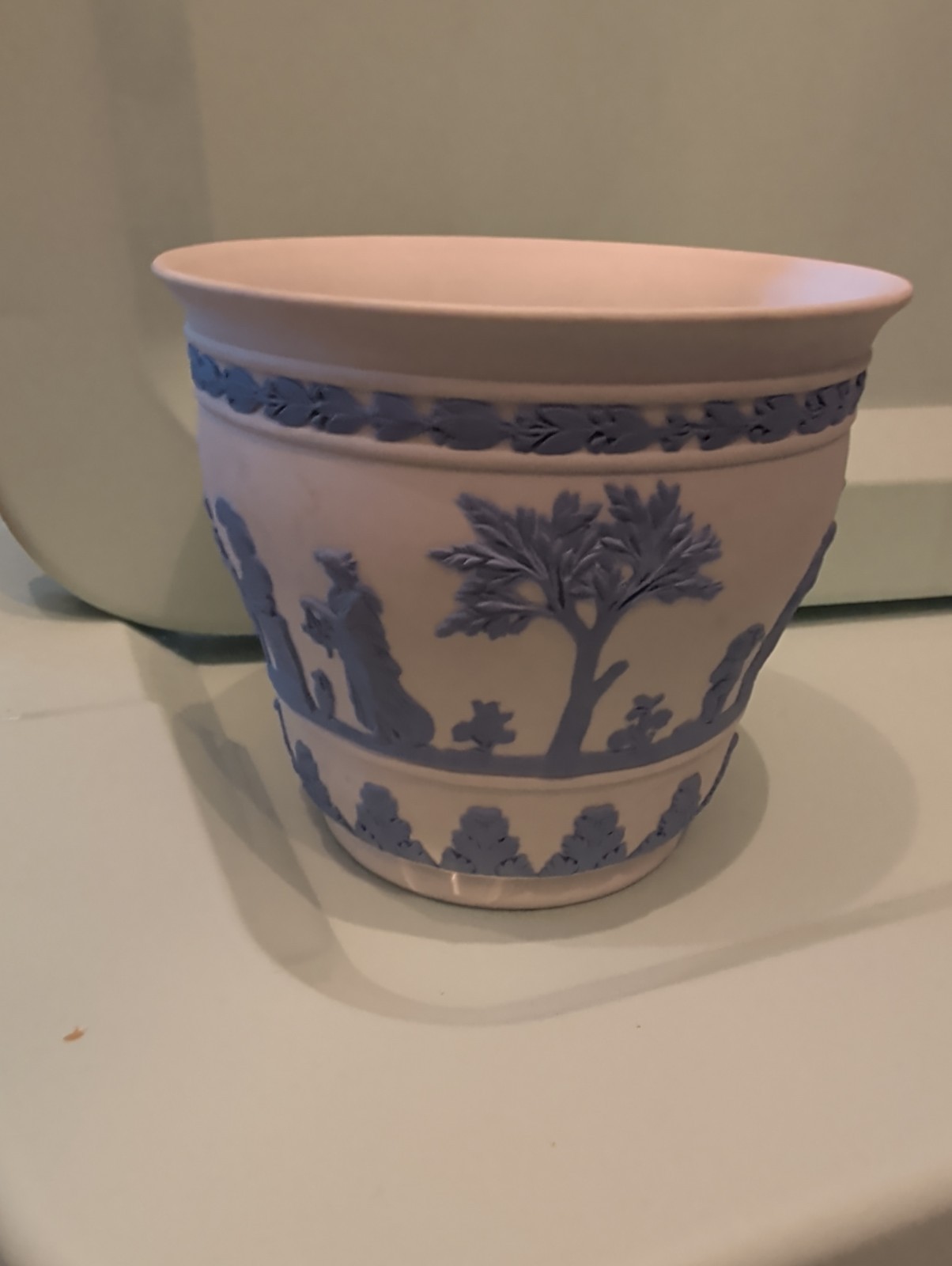 Vintage Wedgwood Reverse Jasperware Blue on Creme Cachepot Planter