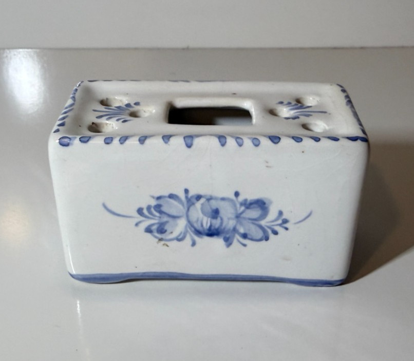 Antique Porcelain Ceramic Flower Frog Blue & White Floral Leart Portugal 1954