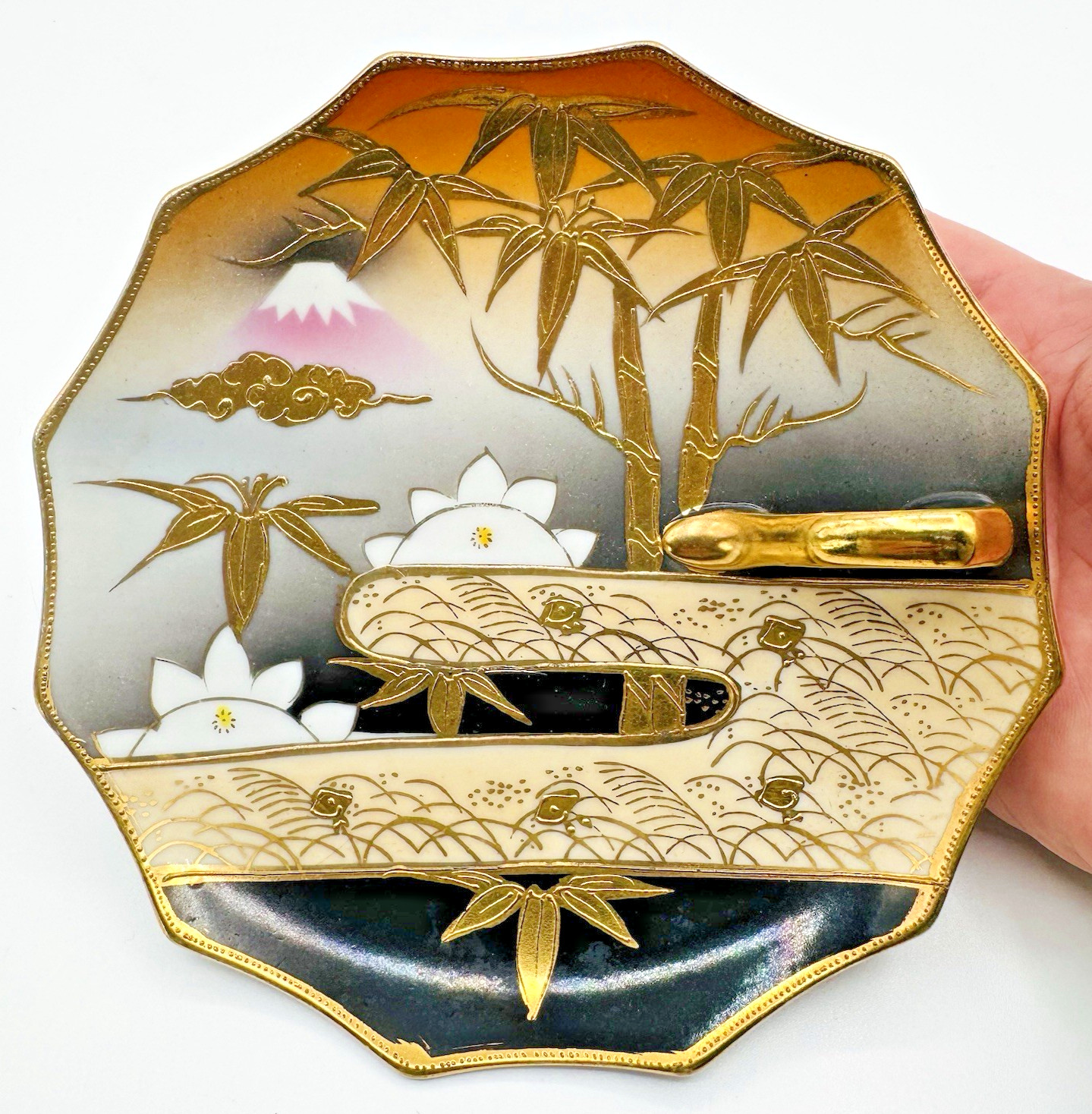 Vintage Japan Porcelain Lemon Server Dish w/ Bamboo & Mt Fuji Gold